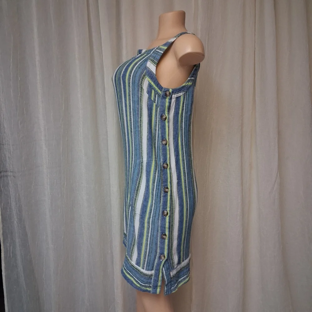 For Cynthia Blue and Green Striped Mini Dress Women Sz XS 55%Lino 48% Viscose - Picture 5 of 16
